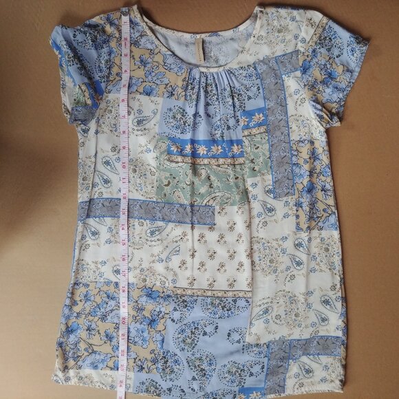 4/$20 Soya Concept Denmark blue cream patchwork look soft blouse top XS - Picture 13 of 14